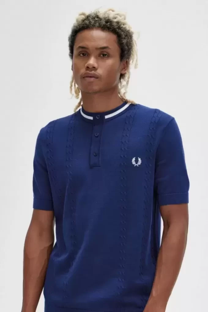 Tricou bărbătesc Henley tricotat cu cabluri Tricou bărbătesc Henley tricotat cu cabluri