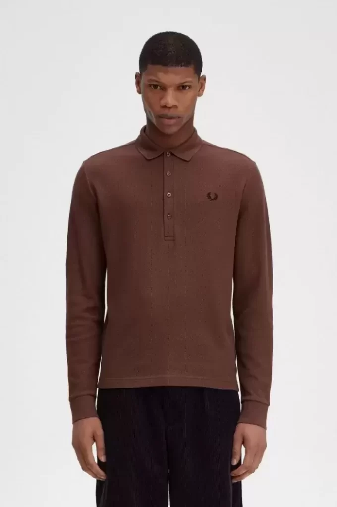 Tricou polo bărbătesc cu mânecă lungă din bumbac cu model fagure de miere Tricou polo bărbătesc cu mânecă lungă din bumbac cu model fagure de miere