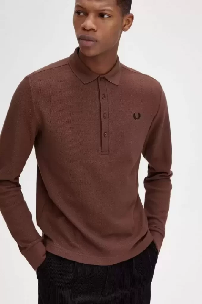 Tricou polo bărbătesc cu mânecă lungă din bumbac cu model fagure de miere Tricou polo bărbătesc cu mânecă lungă din bumbac cu model fagure de miere