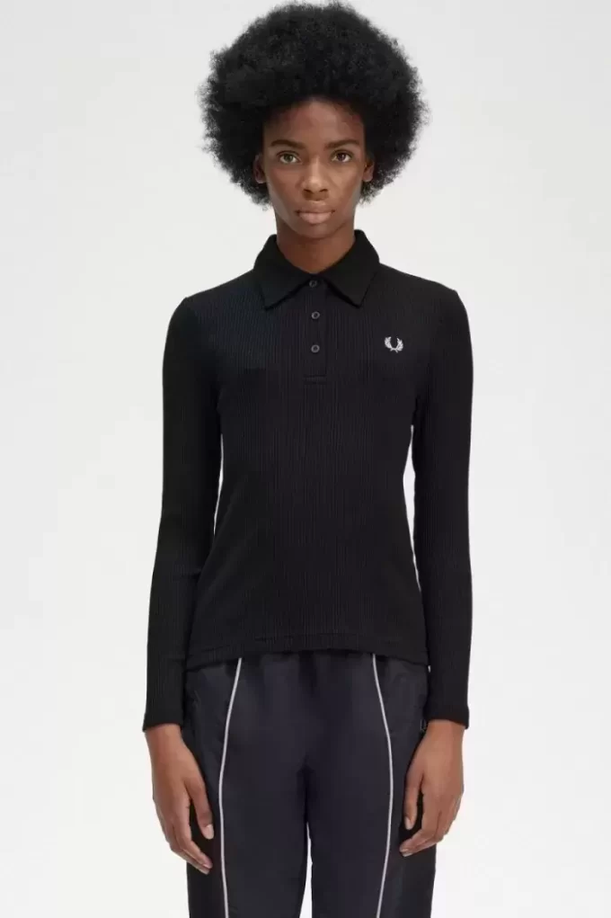 Tricou polo cu mânecă lungă și nervuri pentru femei Tricou polo cu mânecă lungă și nervuri pentru femei
