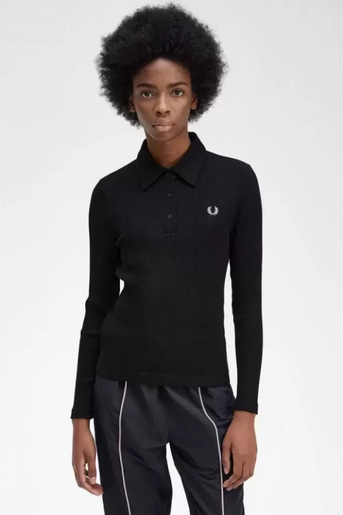 Tricou polo cu mânecă lungă și nervuri pentru femei Tricou polo cu mânecă lungă și nervuri pentru femei