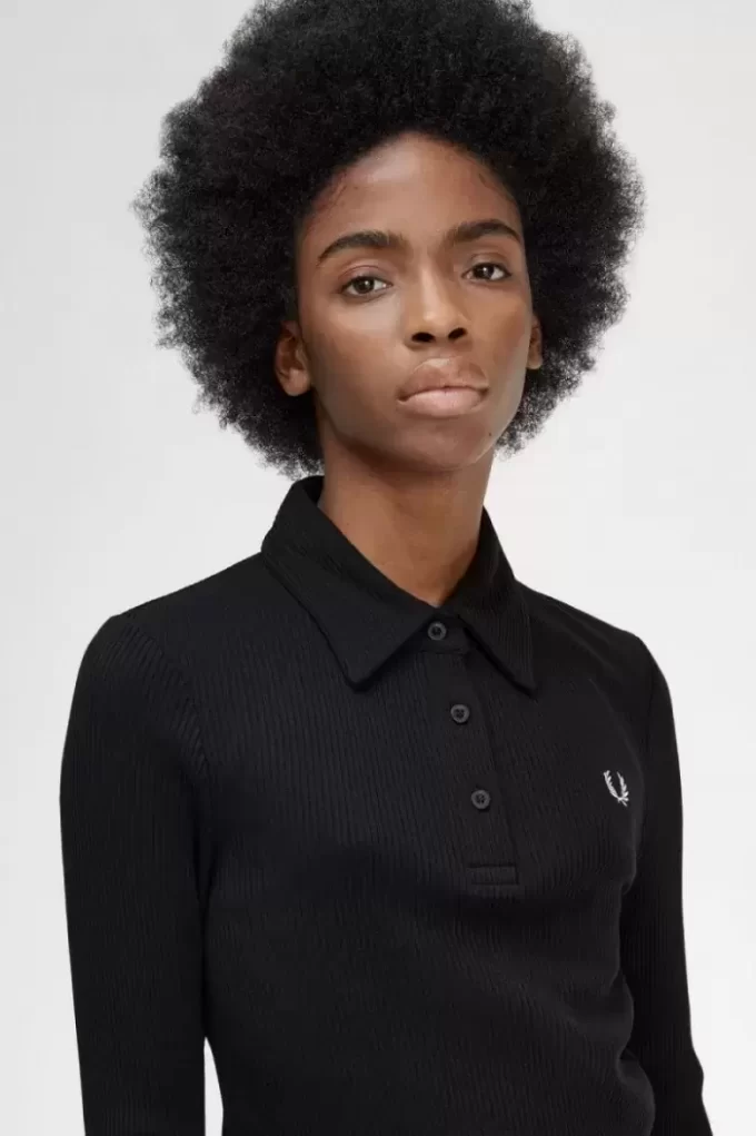 Tricou polo cu mânecă lungă și nervuri pentru femei Tricou polo cu mânecă lungă și nervuri pentru femei