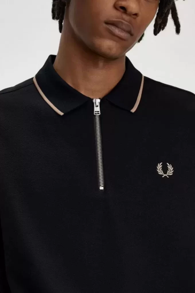 Tricou polo pentru bărbați cu guler cu fermoar și crep pique Tricou polo pentru bărbați cu guler cu fermoar și crep pique