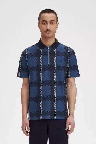Tricou polo pentru bărbați cu guler fermoar și model tartan Glitch Tricou polo pentru bărbați cu guler fermoar și model tartan Glitch