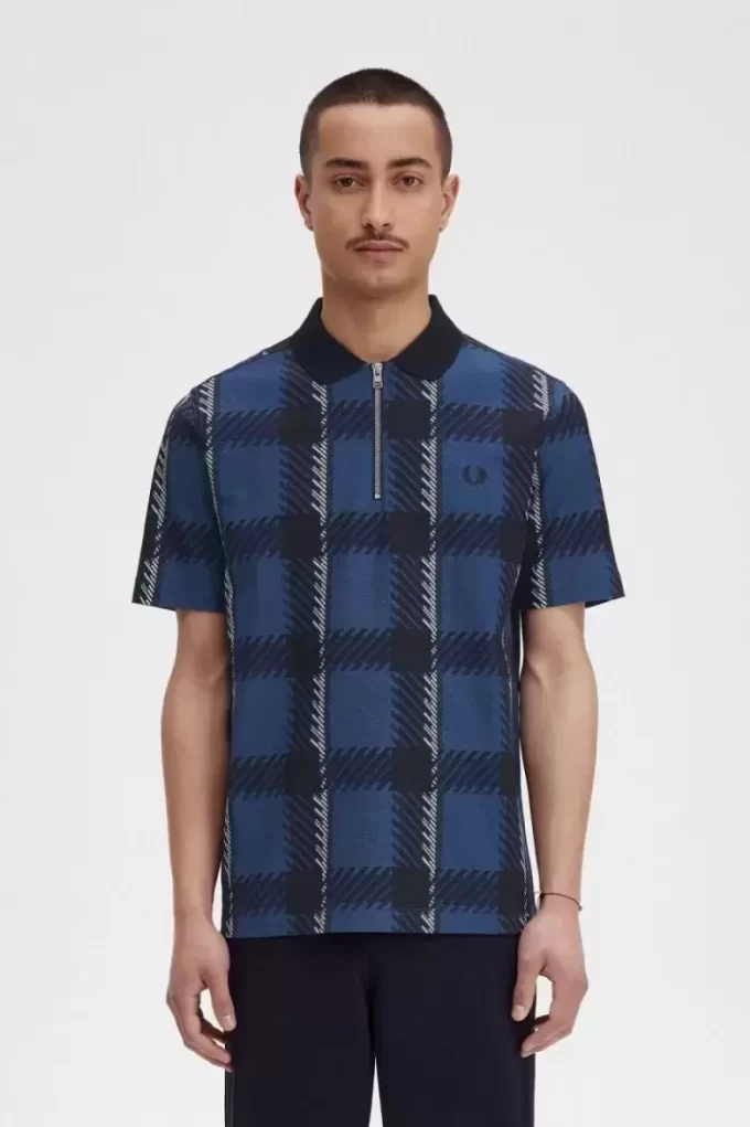 Tricou polo pentru bărbați cu guler fermoar și model tartan Glitch Tricou polo pentru bărbați cu guler fermoar și model tartan Glitch