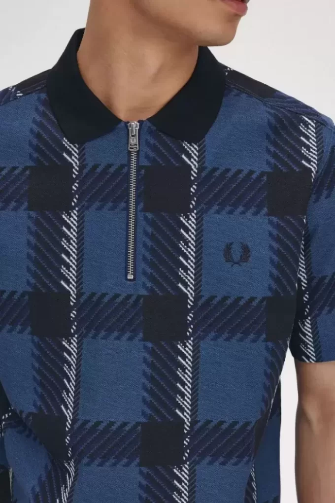 Tricou polo pentru bărbați cu guler fermoar și model tartan Glitch Tricou polo pentru bărbați cu guler fermoar și model tartan Glitch