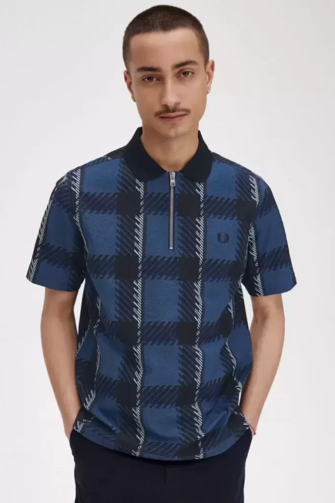 Tricou polo pentru bărbați cu guler fermoar și model tartan Glitch Tricou polo pentru bărbați cu guler fermoar și model tartan Glitch
