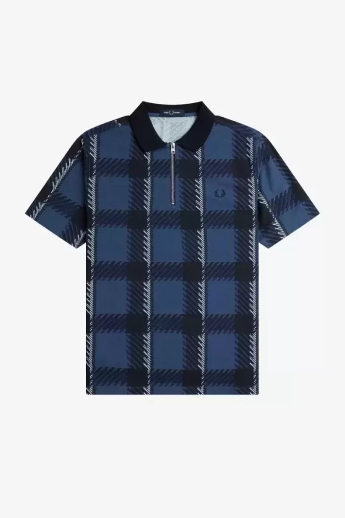 Tricou polo pentru bărbați cu guler fermoar și model tartan Glitch Tricou polo pentru bărbați cu guler fermoar și model tartan Glitch